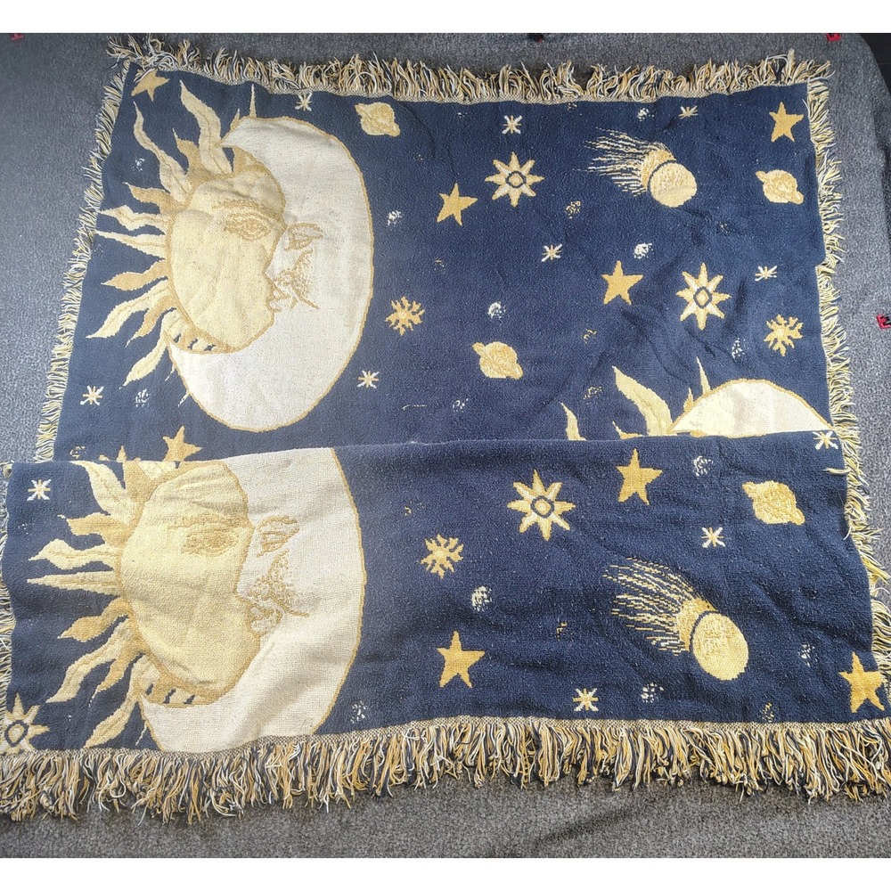 Vintage Woven Throw Blanke Navy Blue Celestial Sun Moon Star